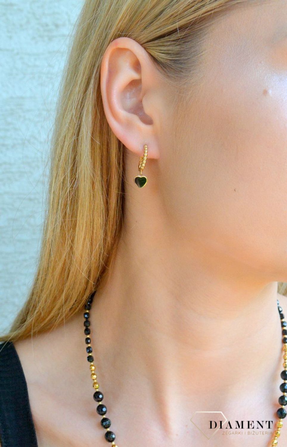 Złote kolczyki damskie 585 czarne serduszka KL 11858.jpg